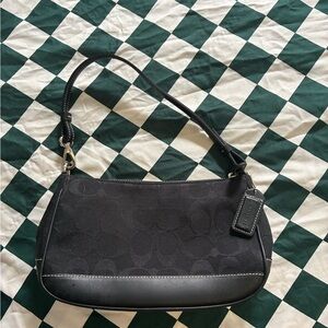 Vintage Coach Signature Black Leather Canvas Pouchette 6094 Demi Shoulder Bag EC